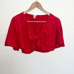 A New Day Red Tie Front Linen Blend Wide Sleeve Crop Top